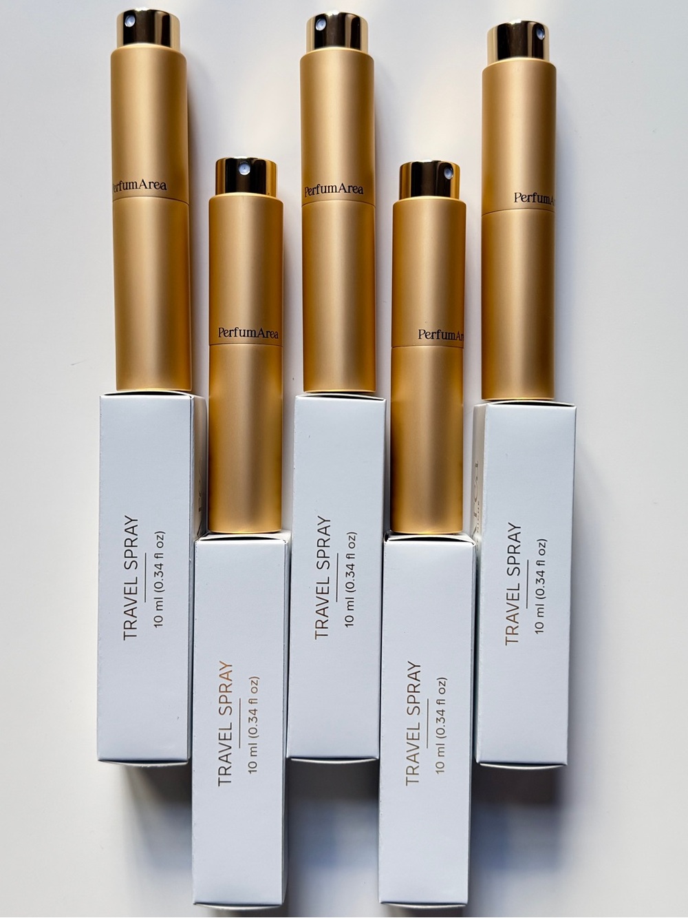 Set of 5 Empty Gold Refillable Perfume Atomizers 10ml/0.34oz Glass+Metal, in box